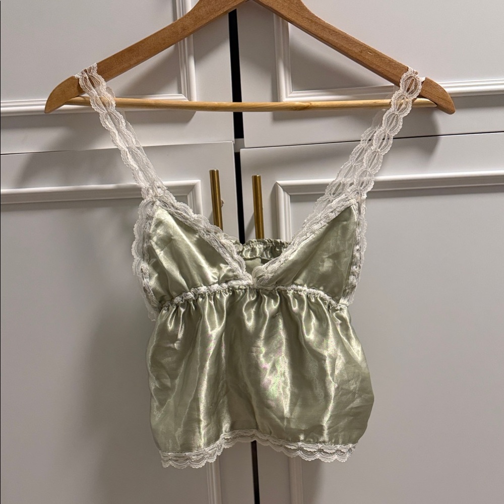 Hand Made Satin Lace Trim Tank Top in Pale Sage